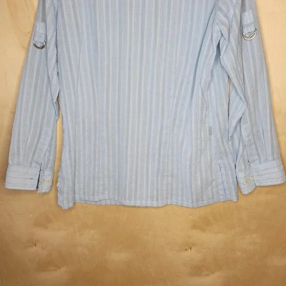 Jones New York Powder Blue Rolled Sleeve Sheer Searsucker Blouse Women Size M - Picture 10 of 12